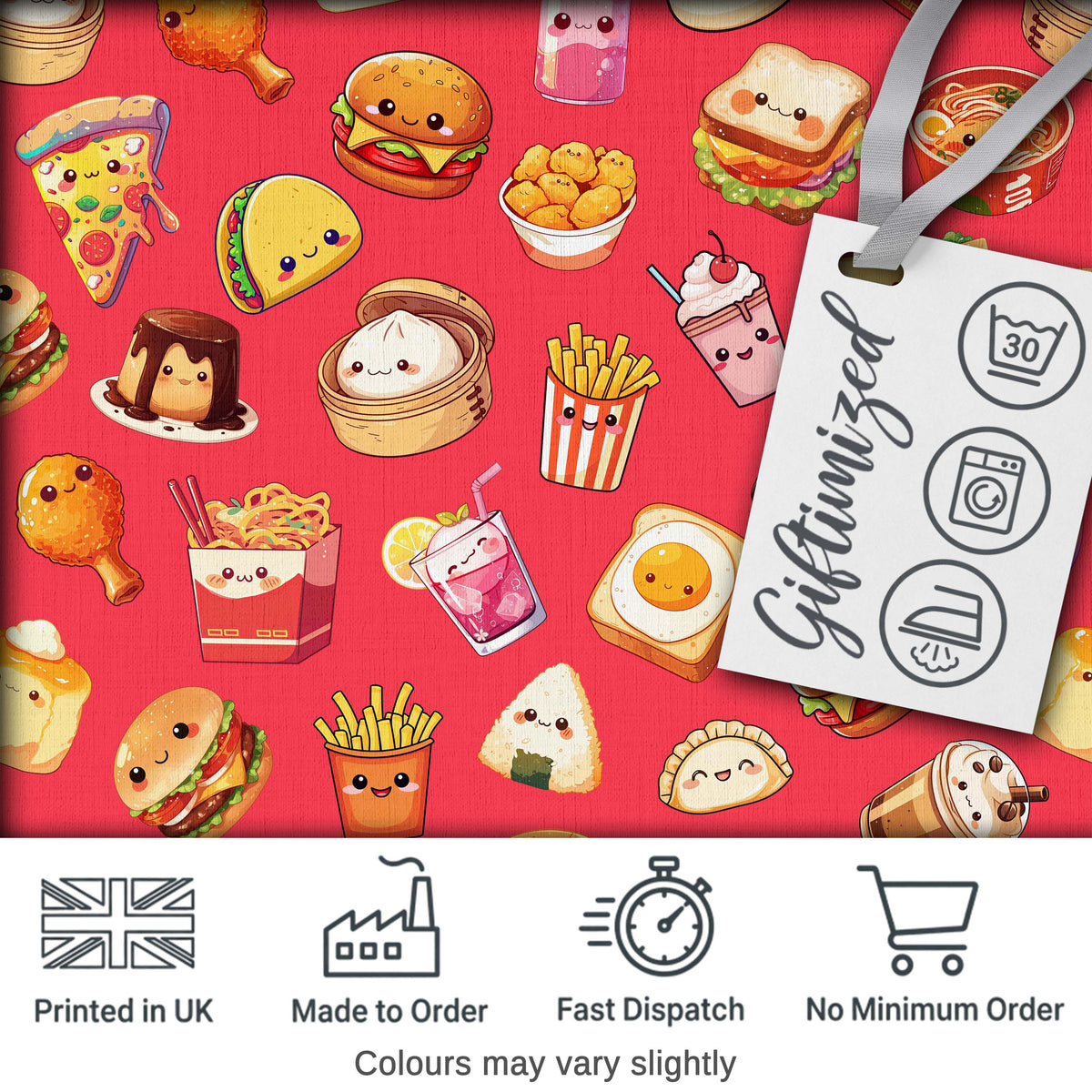 Kawaii Fast Food Burger Sushi Taco Pizza Red Seamless Pattern Digital Print Fabric by the Metre UK Sewing Quilting Textile