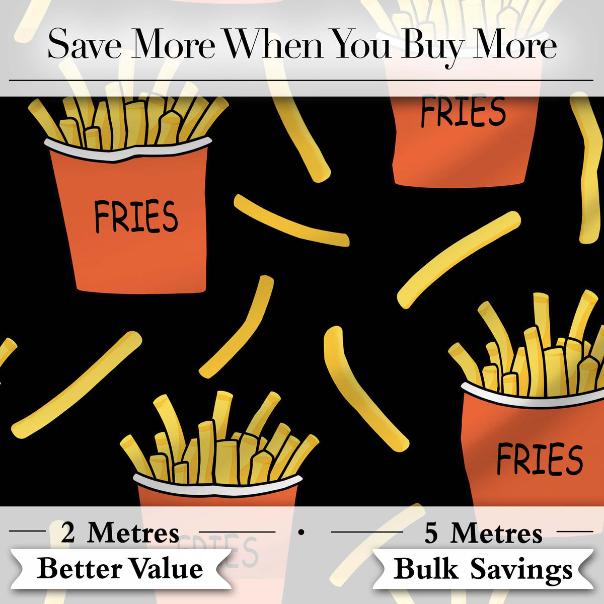 Cute French Fries Cartoon Snack Food Black Background Seamless Pattern Digital Print Fabric by the Metre UK Sewing Quilting Textile