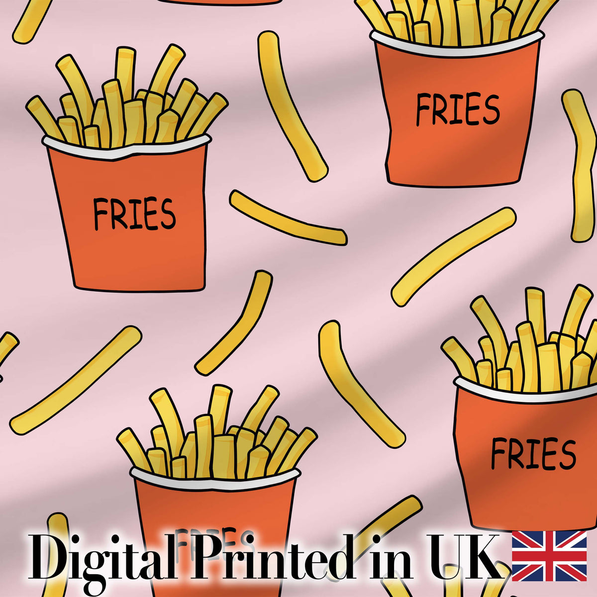 Cute French Fries Cartoon Snack Food Blush Pink Background Seamless Pattern Digital Print Fabric by the Metre UK Sewing Quilting Textile
