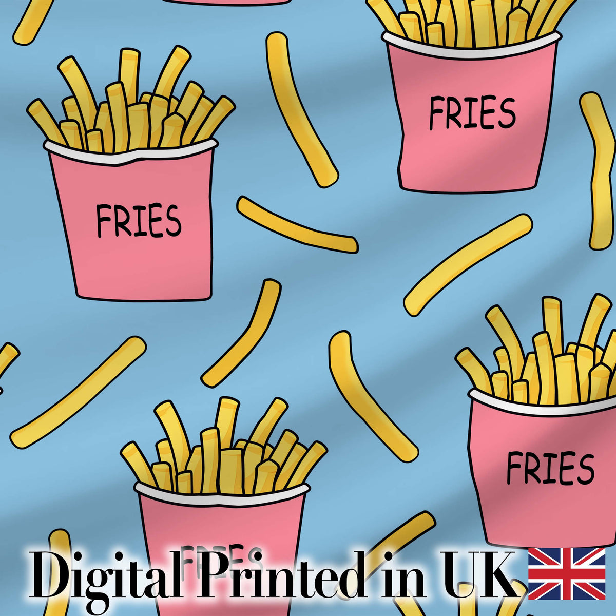 Cute French Fries Cartoon Snack Seamless Pattern Pink Cups Blue Background Digital Print Fabric by the Metre UK Sewing Quilting Textile