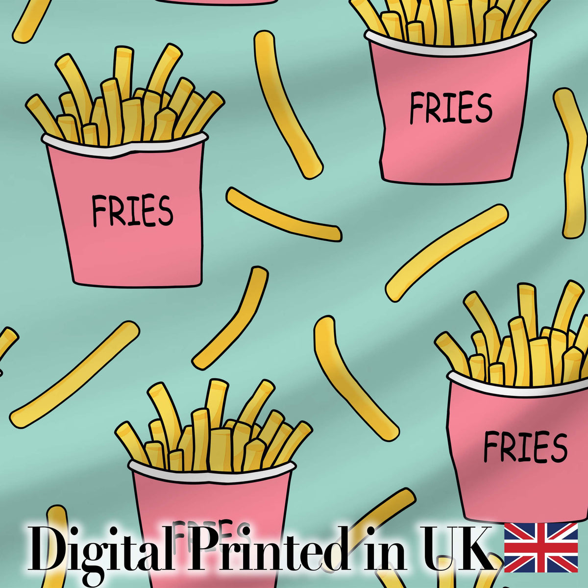 Cute French Fries Cartoon Snack Seamless Pattern Pink Cups Mint Background Digital Print Fabric by the Metre UK Sewing Quilting Textile