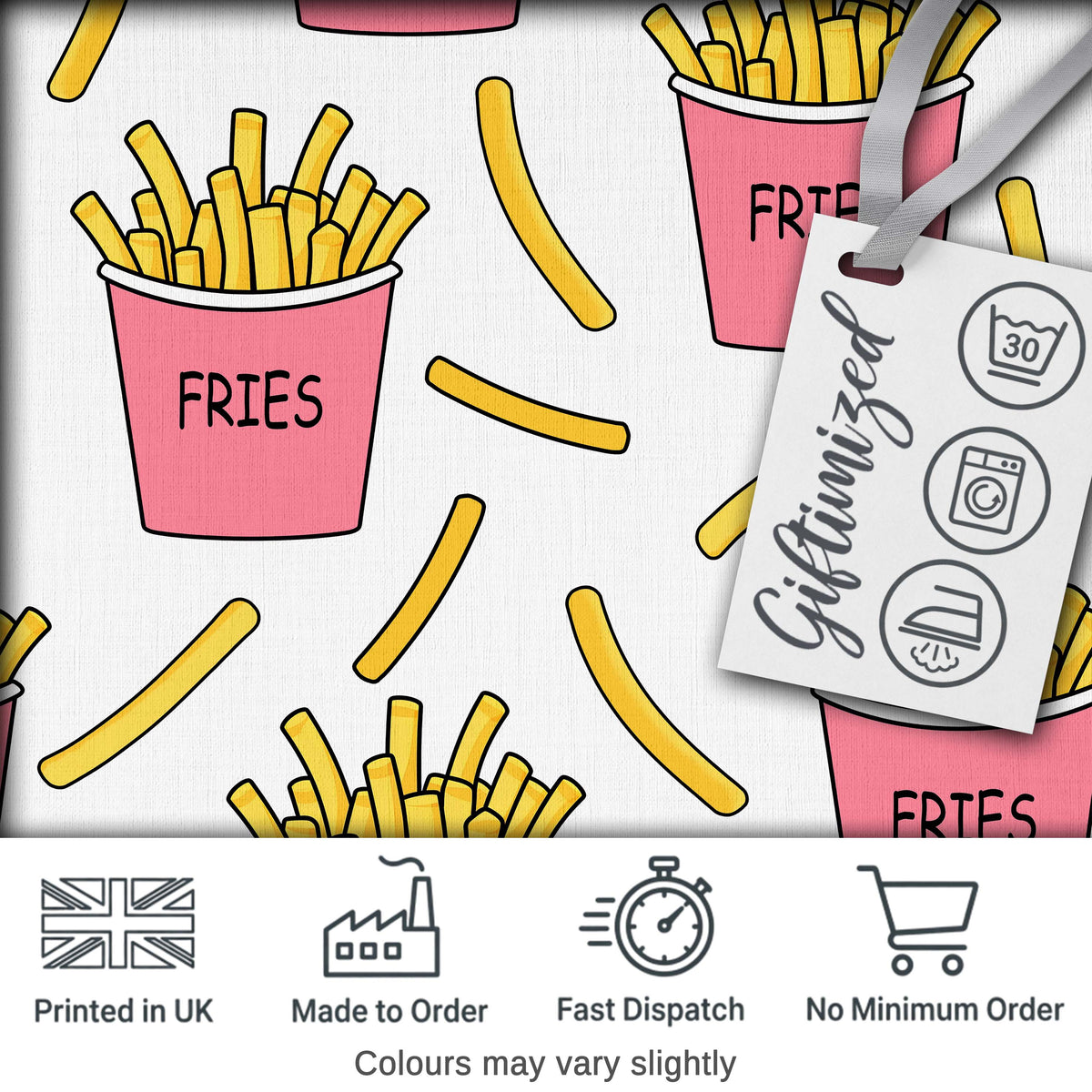 Cute French Fries Cartoon Snack Seamless Pattern Pink Cups Grey Background Digital Print Fabric by the Metre UK Sewing Quilting Textile