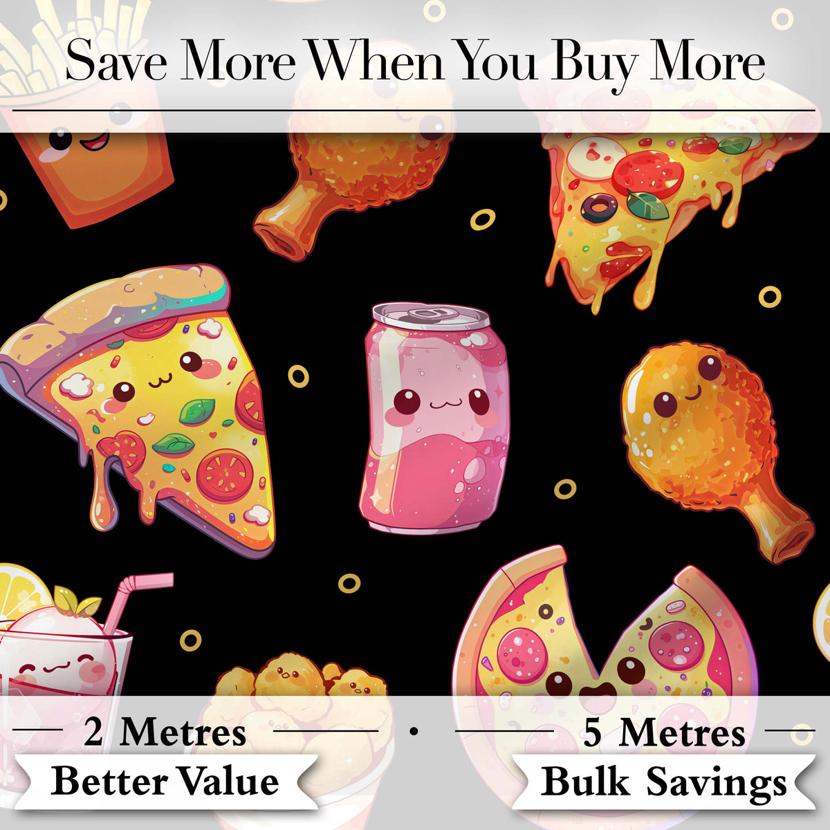 Cute Kawaii Fast Food Pizza Chicken Soda Black Background Seamless Pattern Digital Print Fabric by the Metre UK Sewing Quilting Textile