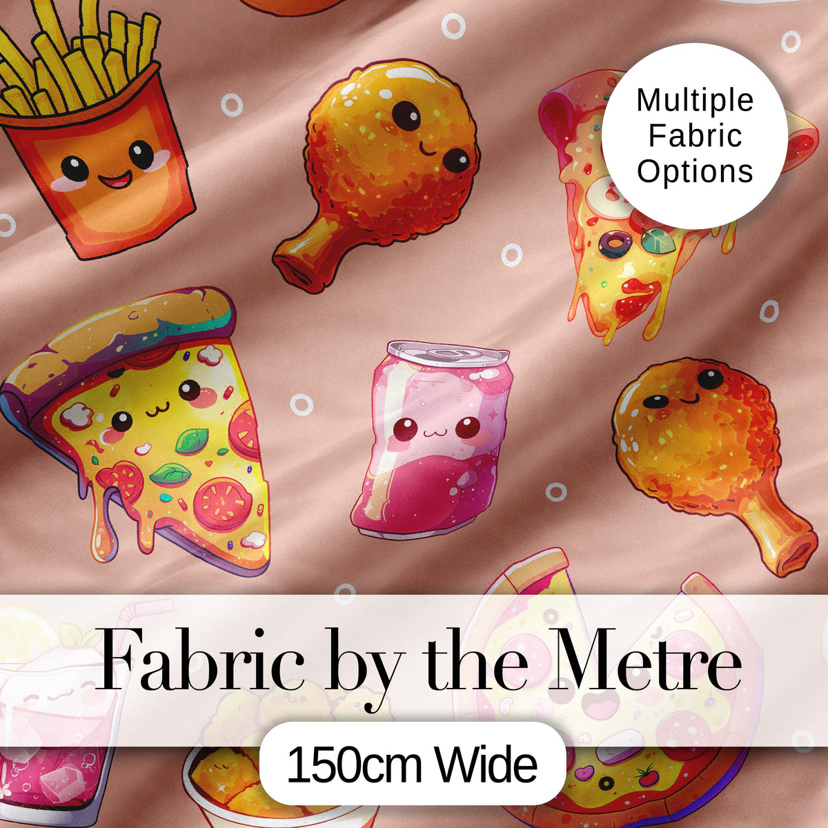 Cute Kawaii Fast Food Pizza Chicken Soda Peach Background Seamless Pattern Digital Print Fabric by the Metre UK Sewing Quilting Textile