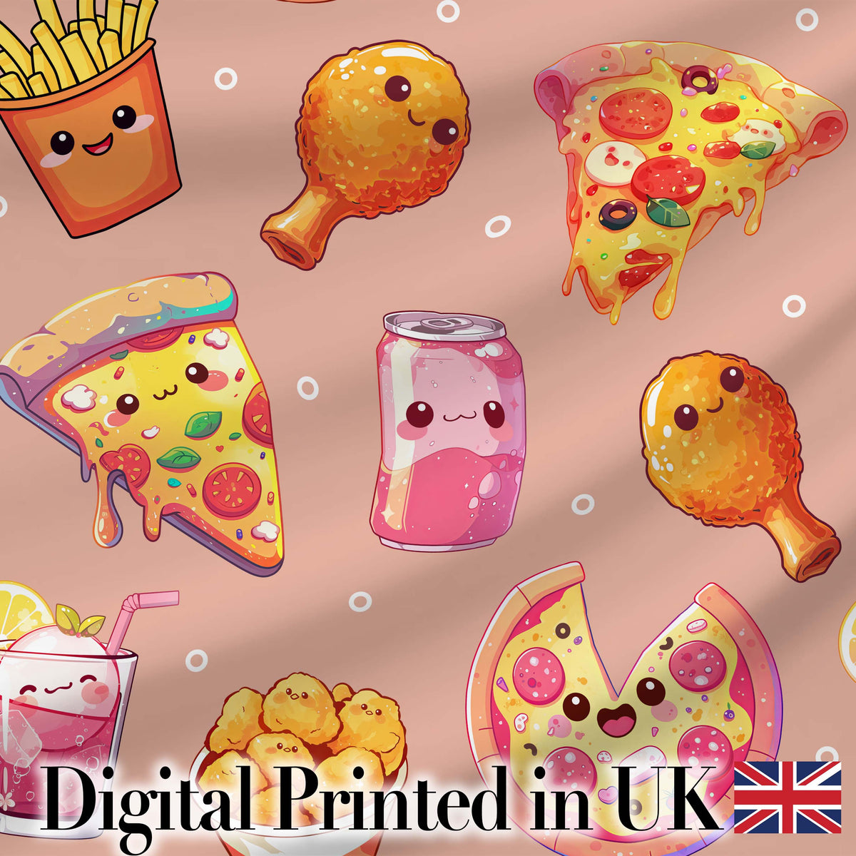 Cute Kawaii Fast Food Pizza Chicken Soda Peach Background Seamless Pattern Digital Print Fabric by the Metre UK Sewing Quilting Textile