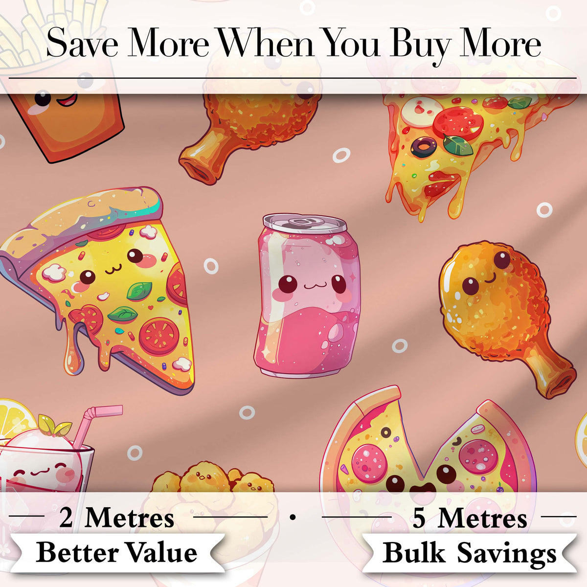 Cute Kawaii Fast Food Pizza Chicken Soda Peach Background Seamless Pattern Digital Print Fabric by the Metre UK Sewing Quilting Textile