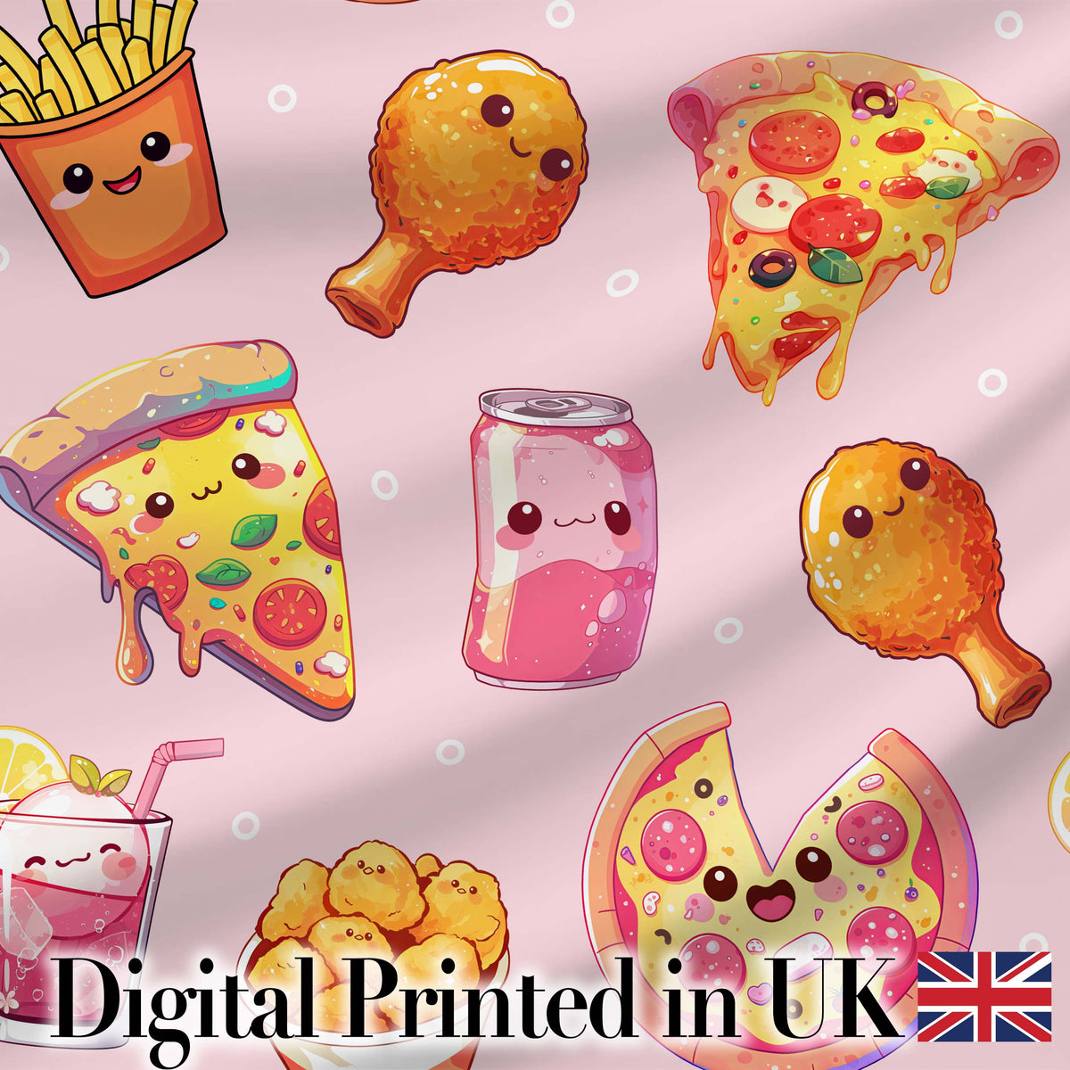 Cute Kawaii Fast Food Pizza Chicken Soda Blush Pink Background Seamless Pattern Digital Print Fabric by the Metre UK Sewing Quilting Textile
