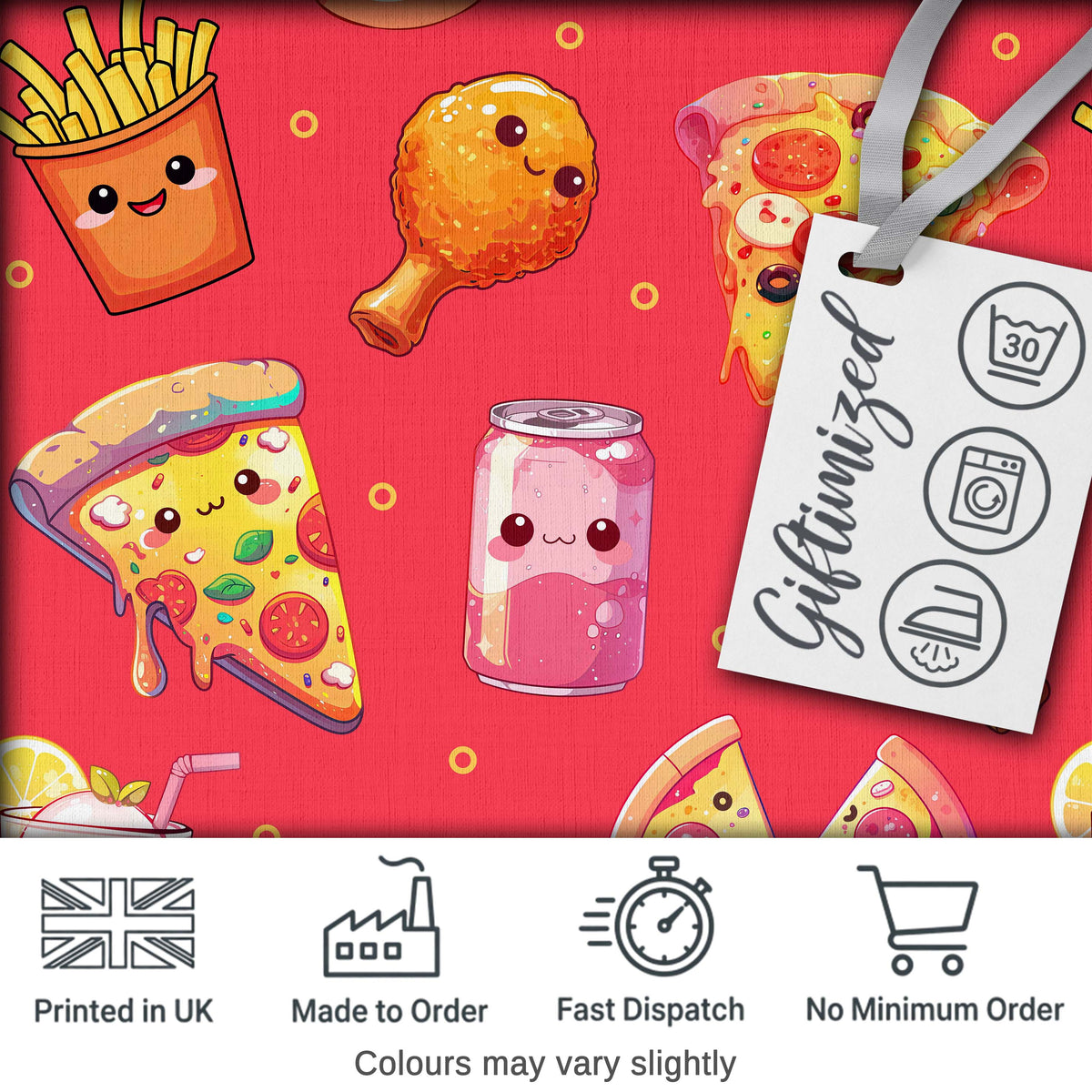 Cute Kawaii Fast Food Pizza Chicken Soda Red Background Seamless Pattern Digital Print Fabric by the Metre UK Sewing Quilting Textile