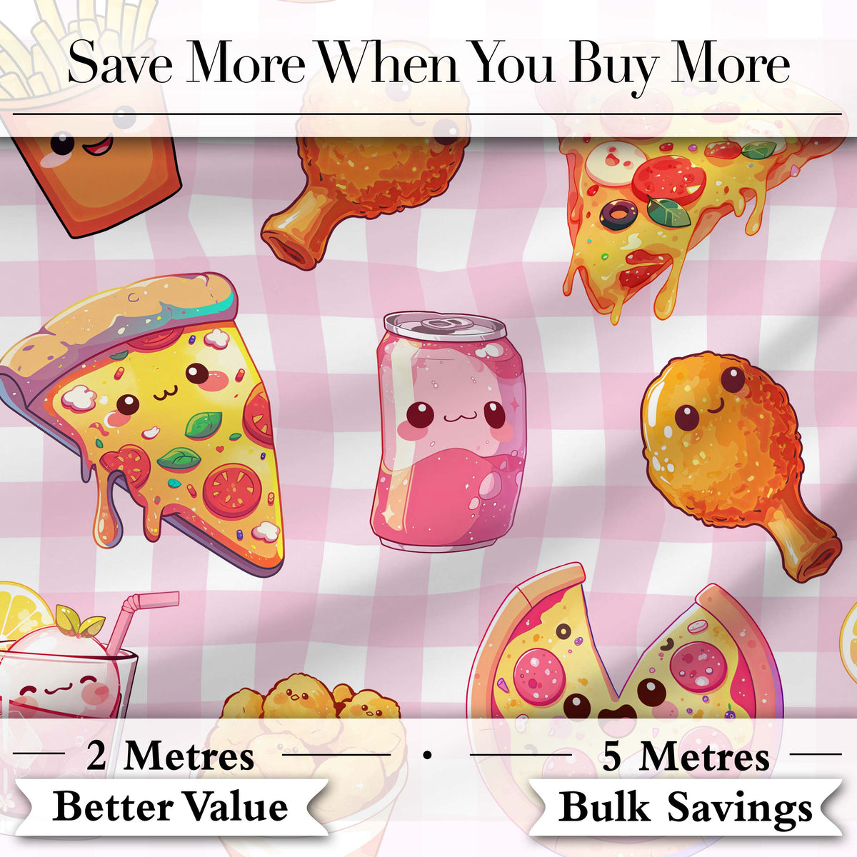 Cute Kawaii Fast Food Pizza Chicken Soda Pink Gingham Background Seamless Pattern Digital Print Fabric by the Metre UK