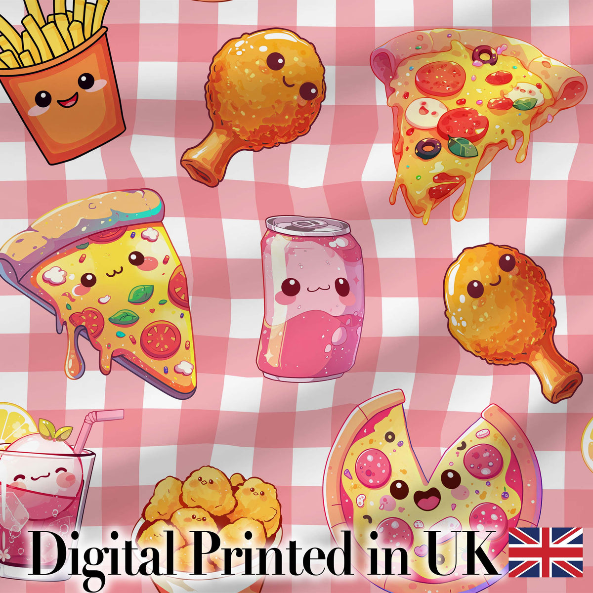 Cute Kawaii Fast Food Pizza Chicken Soda Red Gingham Background Seamless Pattern Digital Print Fabric by the Metre UK