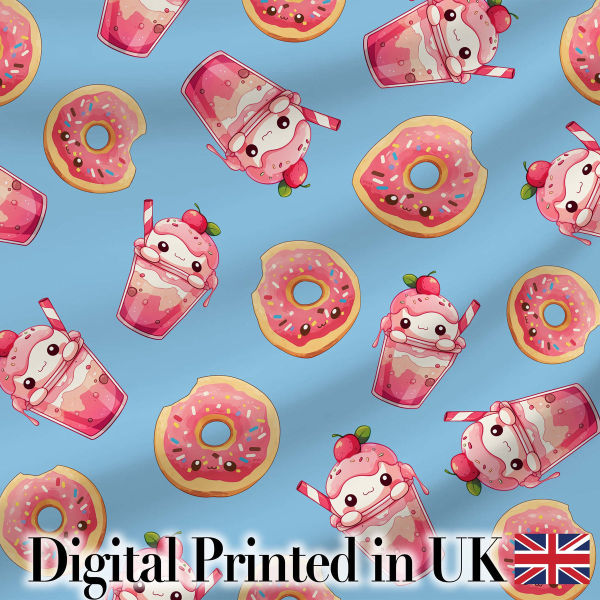 Cute Kawaii Donuts and Strawberry Milkshake Blue Background Seamless Pattern Digital Print Fabric by the Metre UK Sewing