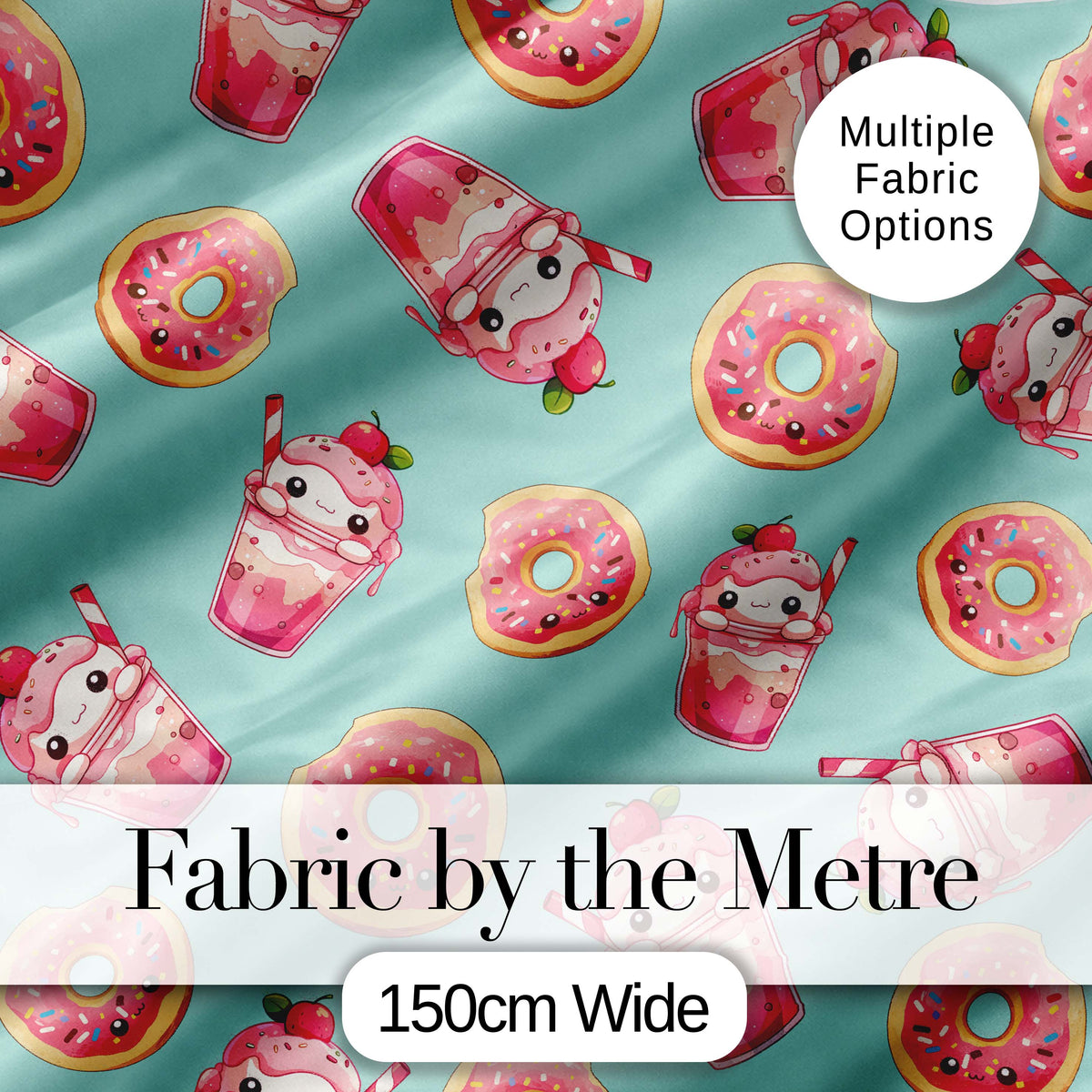 Cute Kawaii Donuts and Strawberry Milkshake Mint Background Seamless Pattern Digital Print Fabric by the Metre UK Sewing