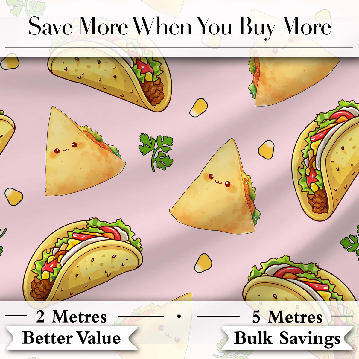 Cute Kawaii Tacos and Wraps Seamless Pattern Soft Pink Background Digital Print Fabric by the Metre UK Sewing Quilting Textile