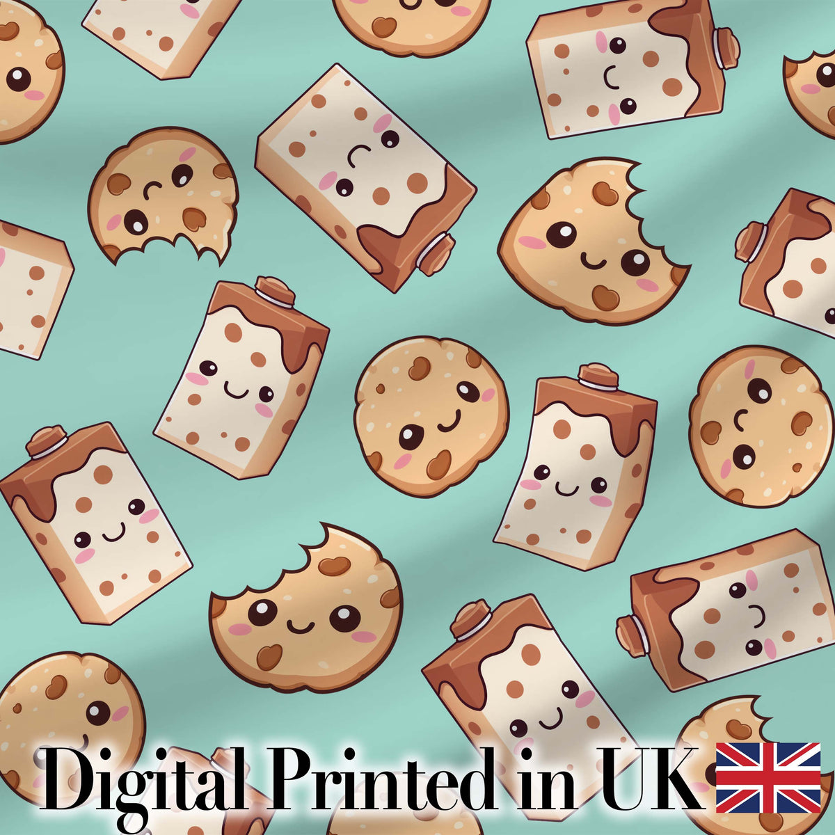 Cute Kawaii Cookies and Chocolate Milk Carton Teal Background Seamless Pattern Digital Print Fabric by the Metre UK Sewing Quilting Textile
