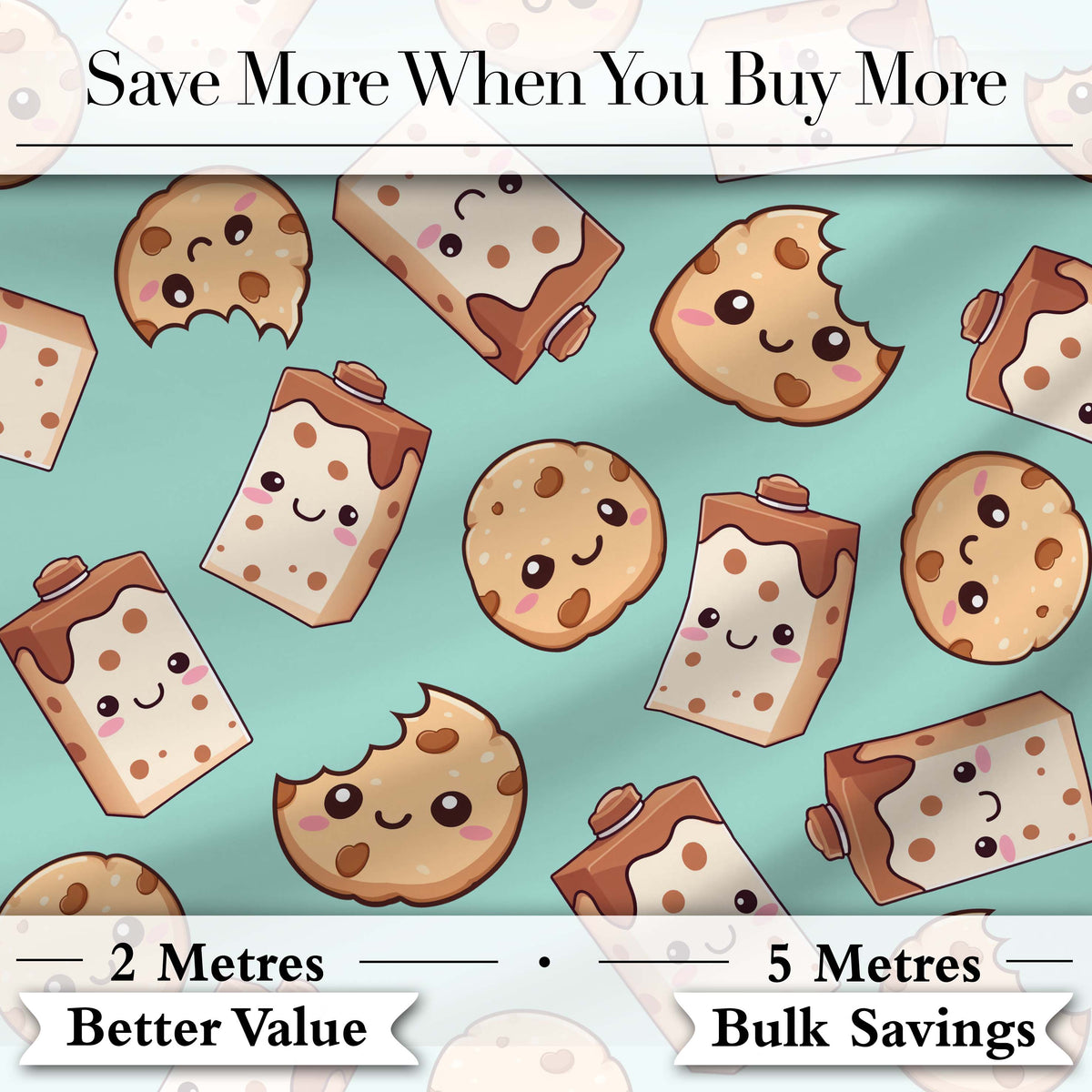Cute Kawaii Cookies and Chocolate Milk Carton Teal Background Seamless Pattern Digital Print Fabric by the Metre UK Sewing Quilting Textile