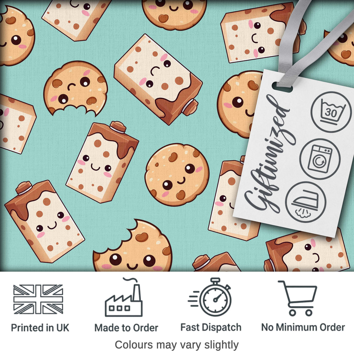 Cute Kawaii Cookies and Chocolate Milk Carton Teal Background Seamless Pattern Digital Print Fabric by the Metre UK Sewing Quilting Textile