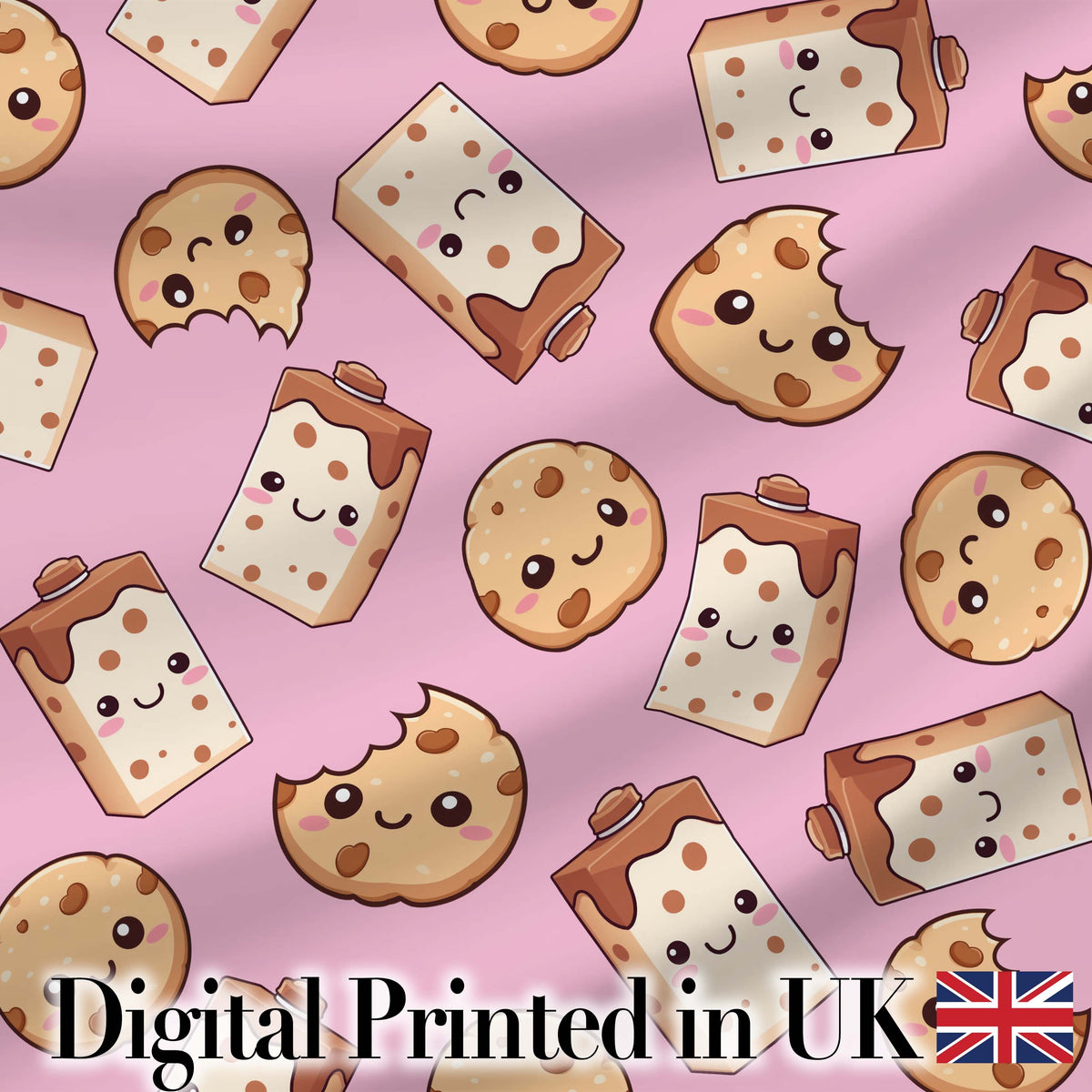 Kawaii Cookies and Chocolate Milk Carton Light Pink Seamless Pattern Digital Print Fabric by the Metre UK Sewing Quilting Textile