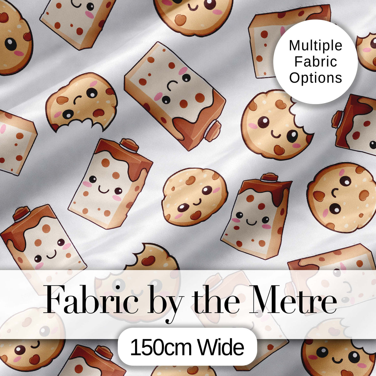 Cute Kawaii Cookies and Chocolate Milk Carton Grey Background Seamless Pattern Digital Print Fabric by the Metre UK Sewing Quilting Textile