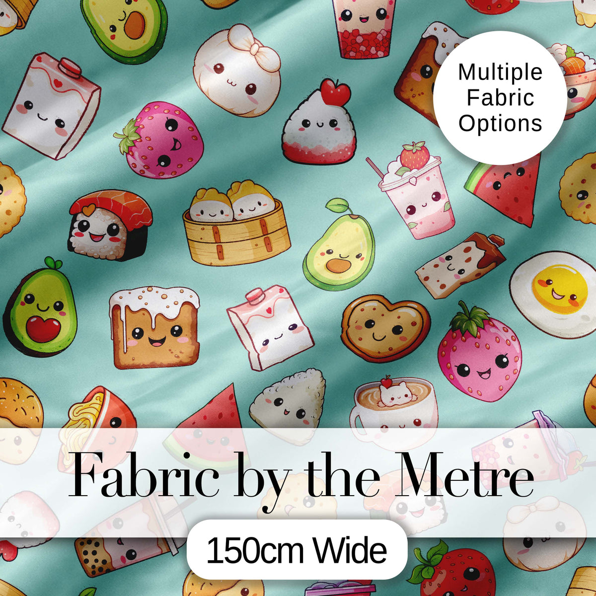 Cute Kawaii Food Characters on Mint Green Background Seamless Pattern Digital Print Fabric by the Metre UK Sewing Quilting Textile