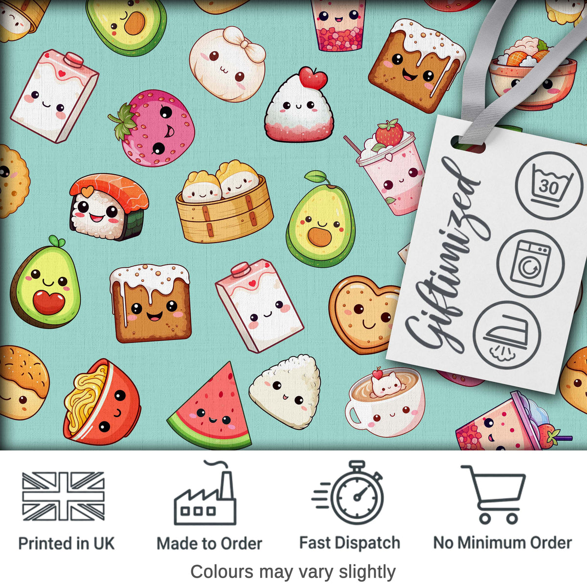 Cute Kawaii Food Characters on Mint Green Background Seamless Pattern Digital Print Fabric by the Metre UK Sewing Quilting Textile