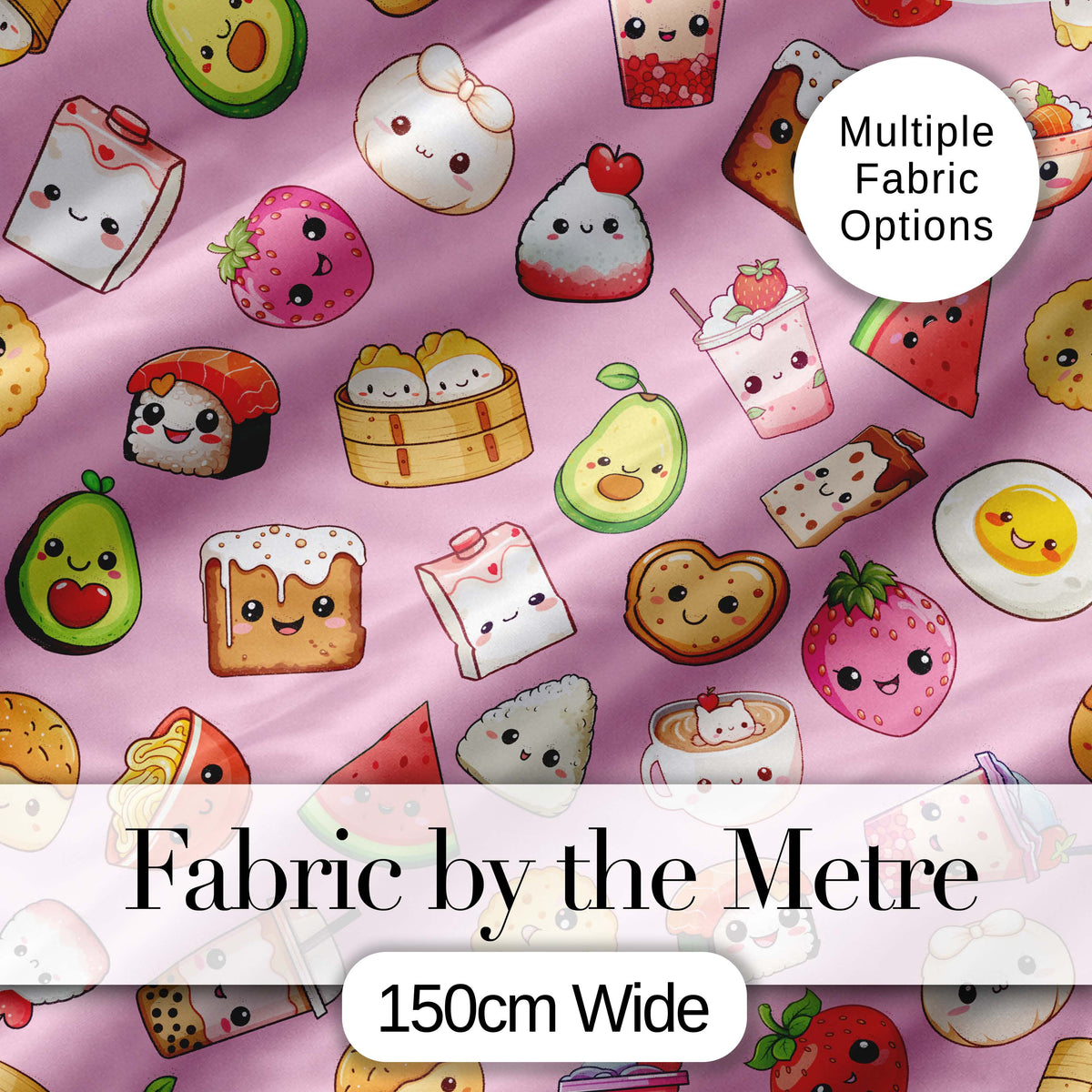 Cute Kawaii Food Characters on Soft Pink Background Seamless Pattern Digital Print Fabric by the Metre UK Sewing Quilting Textile