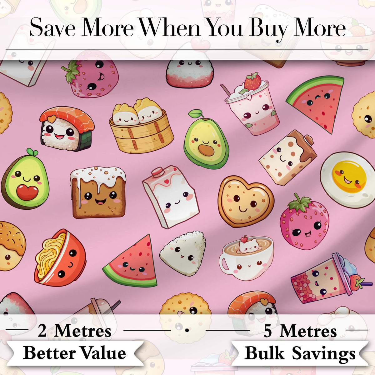 Cute Kawaii Food Characters on Soft Pink Background Seamless Pattern Digital Print Fabric by the Metre UK Sewing Quilting Textile