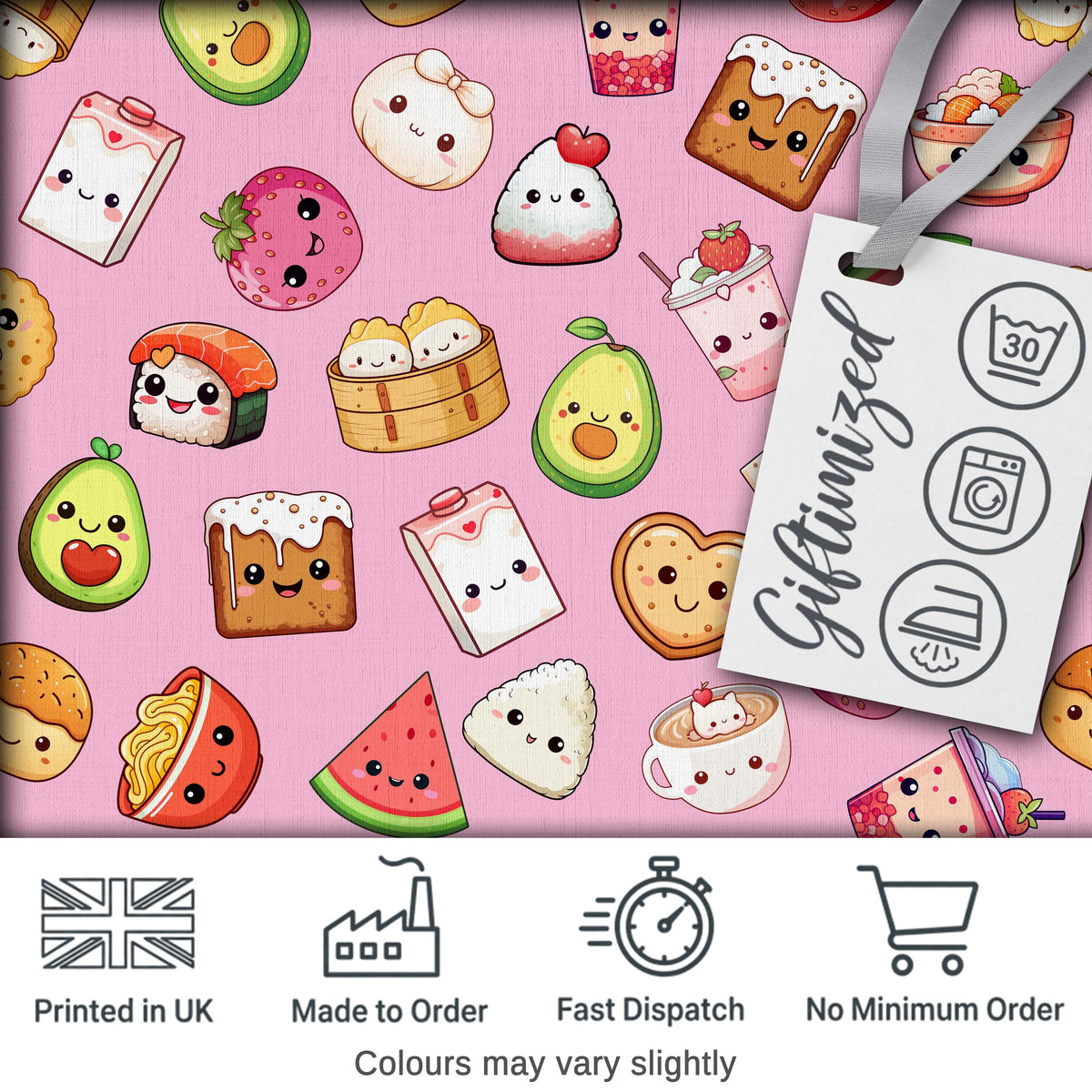 Cute Kawaii Food Characters on Soft Pink Background Seamless Pattern Digital Print Fabric by the Metre UK Sewing Quilting Textile