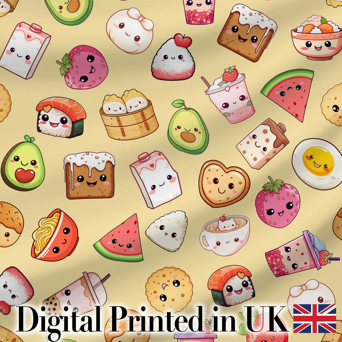 Cute Kawaii Food Characters on Warm Beige Background Seamless Pattern Digital Print Fabric by the Metre UK Sewing Quilting Textile