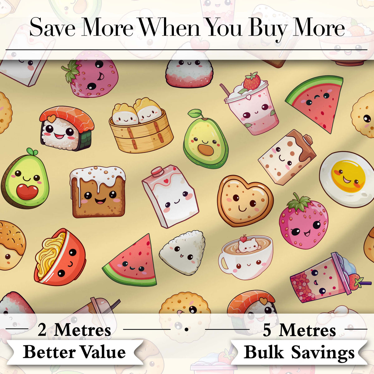 Cute Kawaii Food Characters on Warm Beige Background Seamless Pattern Digital Print Fabric by the Metre UK Sewing Quilting Textile