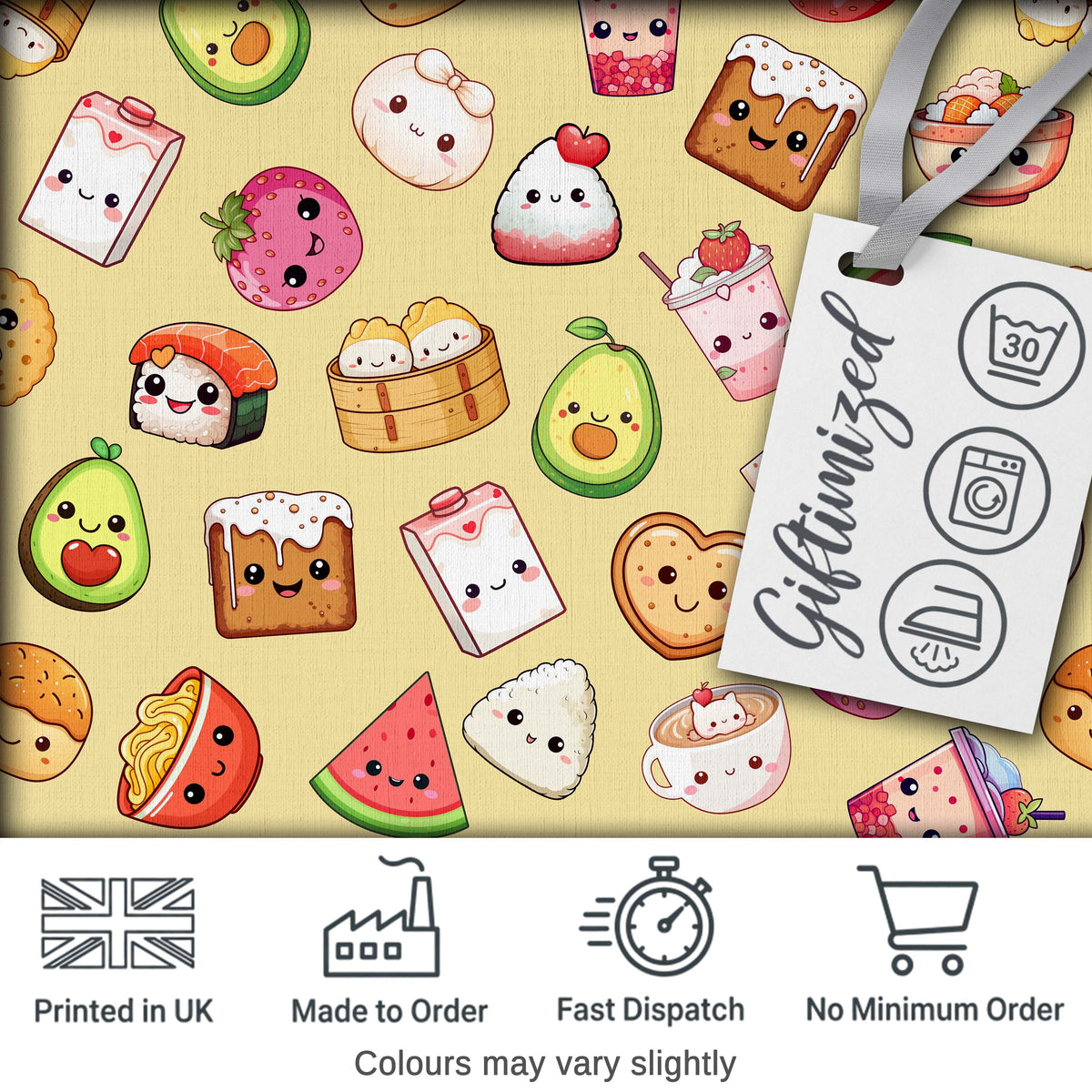 Cute Kawaii Food Characters on Warm Beige Background Seamless Pattern Digital Print Fabric by the Metre UK Sewing Quilting Textile