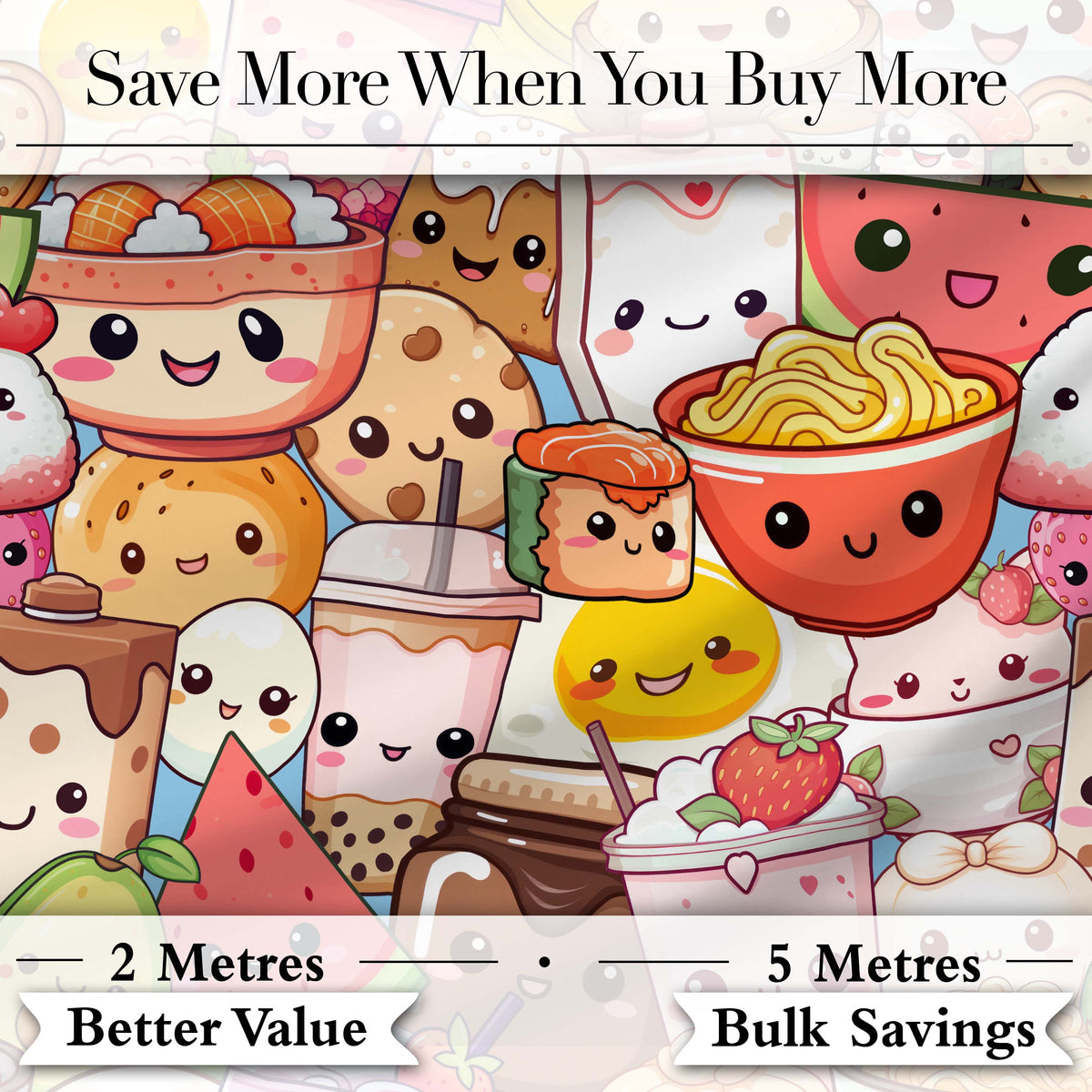 Cute Kawaii Food Collage Characters on Blue Background Seamless Pattern Digital Print Fabric by the Metre UK Sewing Quilting Textile