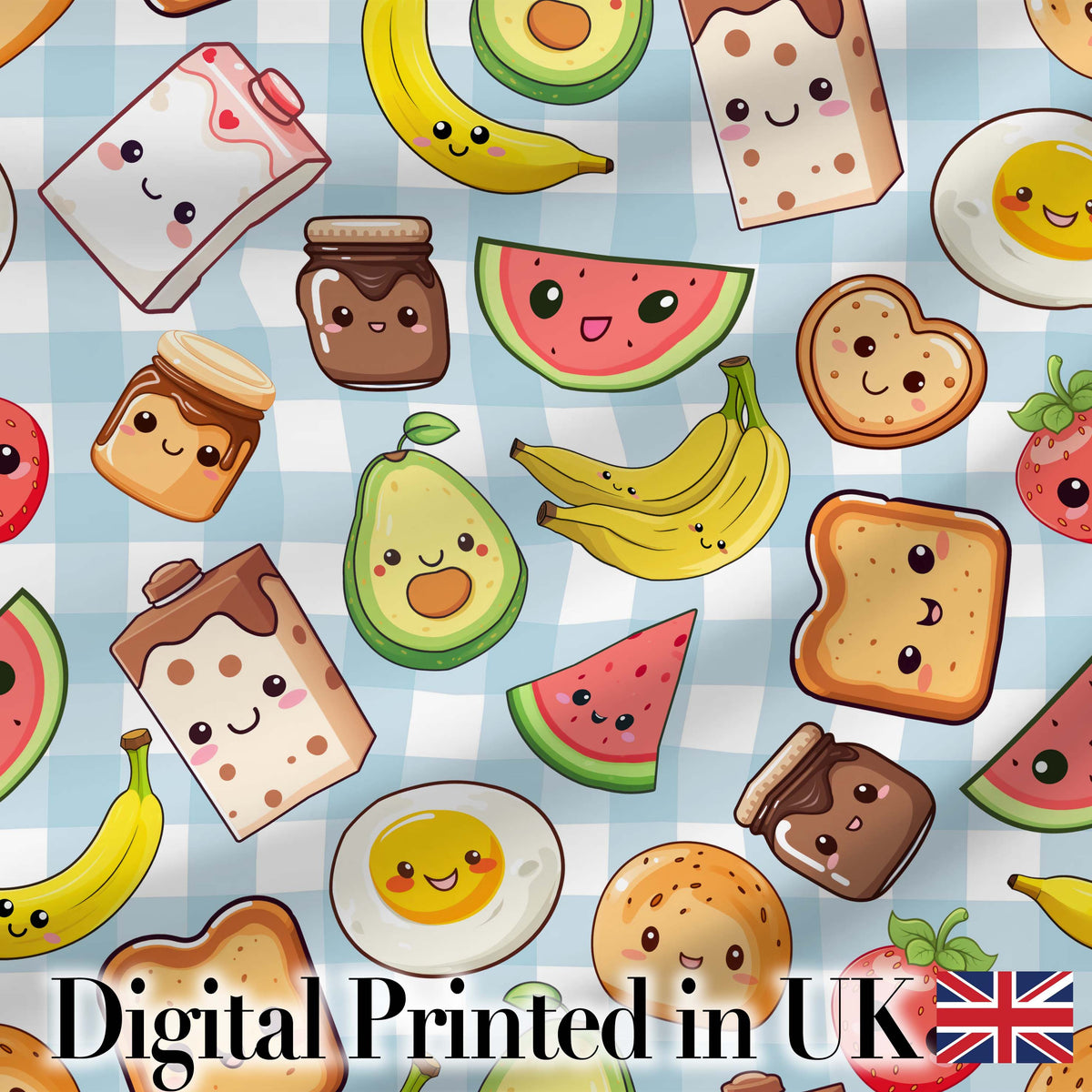 Cute Kawaii Breakfast Food Characters on Checkered Background Seamless Pattern Digital Print Fabric by the Metre UK Sewing Quilting Textile
