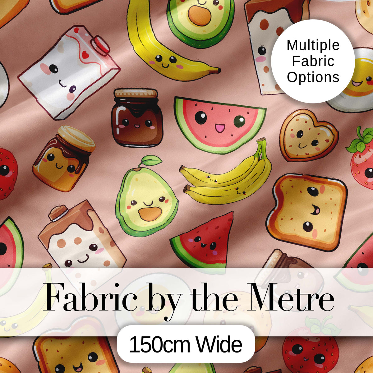 Cute Kawaii Breakfast Food Characters on Peach Background Seamless Pattern Digital Print Fabric by the Metre UK Sewing Quilting Textile