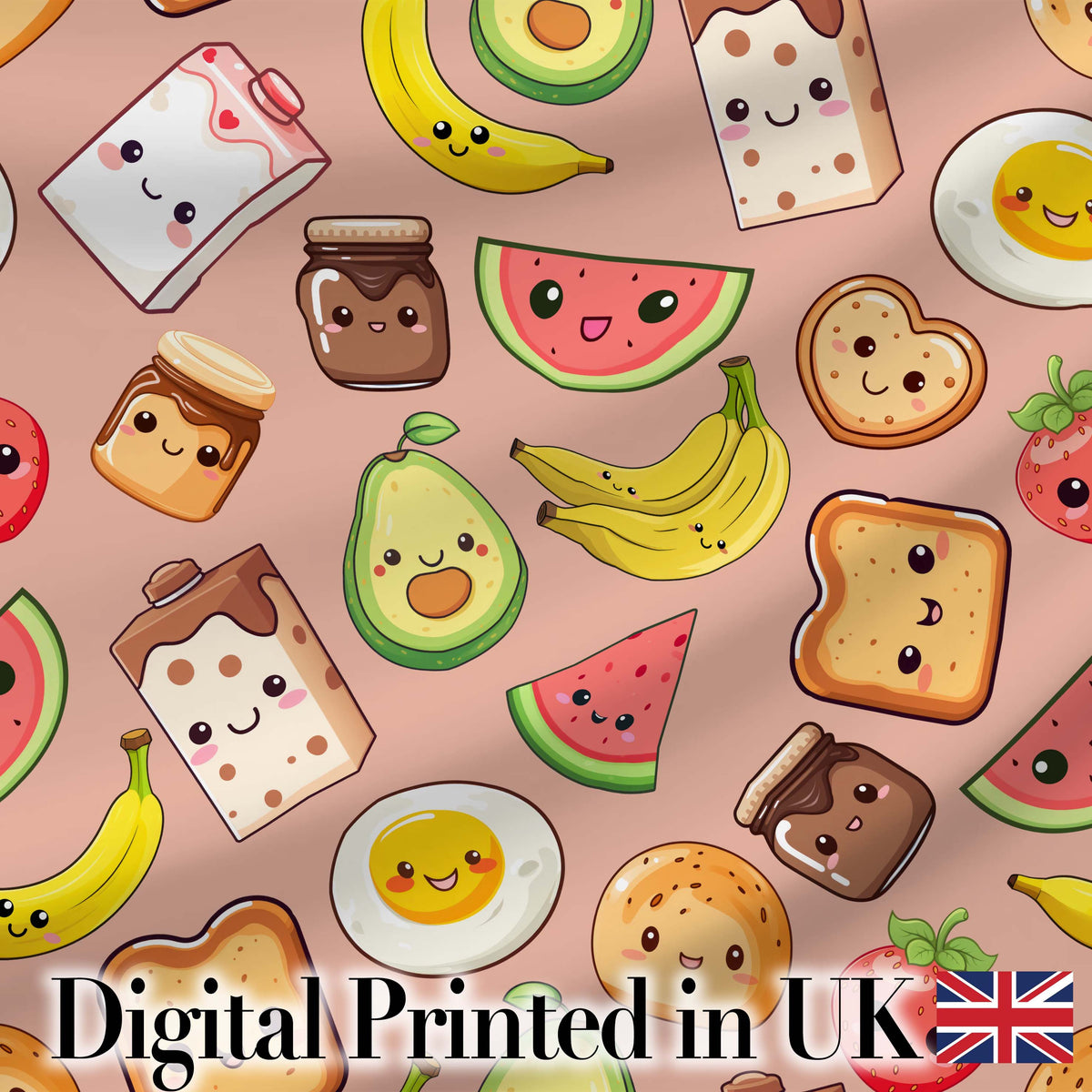 Cute Kawaii Breakfast Food Characters on Peach Background Seamless Pattern Digital Print Fabric by the Metre UK Sewing Quilting Textile