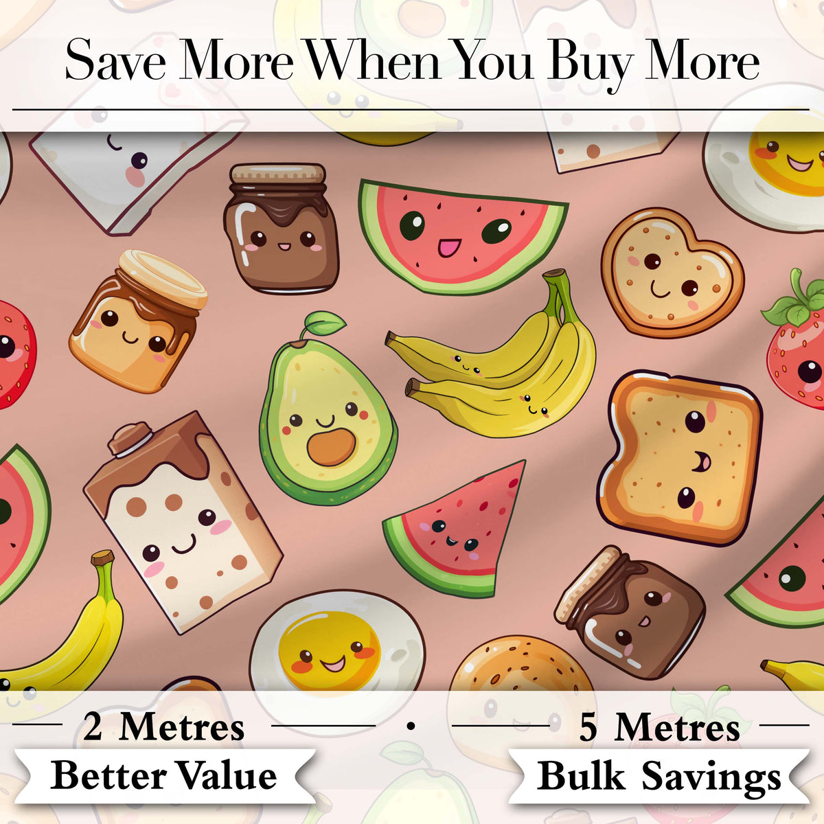 Cute Kawaii Breakfast Food Characters on Peach Background Seamless Pattern Digital Print Fabric by the Metre UK Sewing Quilting Textile