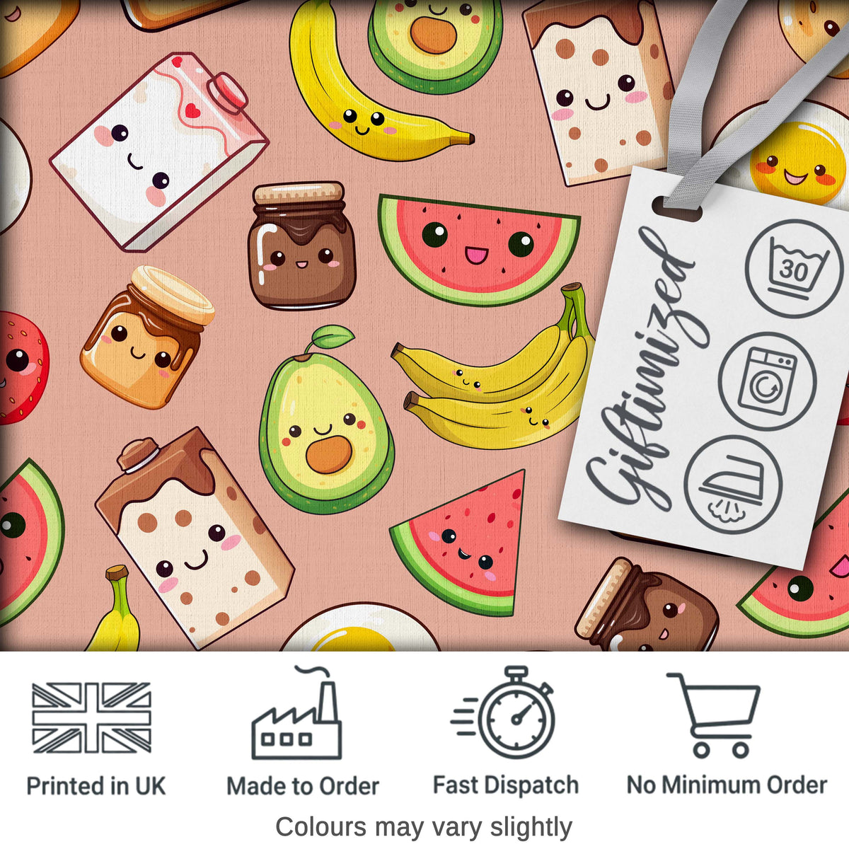 Cute Kawaii Breakfast Food Characters on Peach Background Seamless Pattern Digital Print Fabric by the Metre UK Sewing Quilting Textile