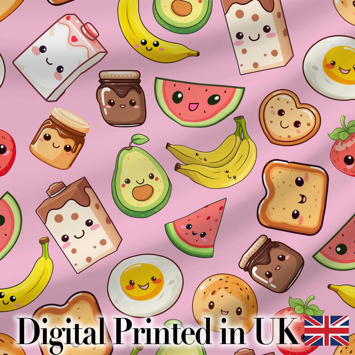 Cute Kawaii Breakfast Food Characters on Soft Pink Background Seamless Pattern Digital Print Fabric by the Metre UK Sewing Quilting Textile