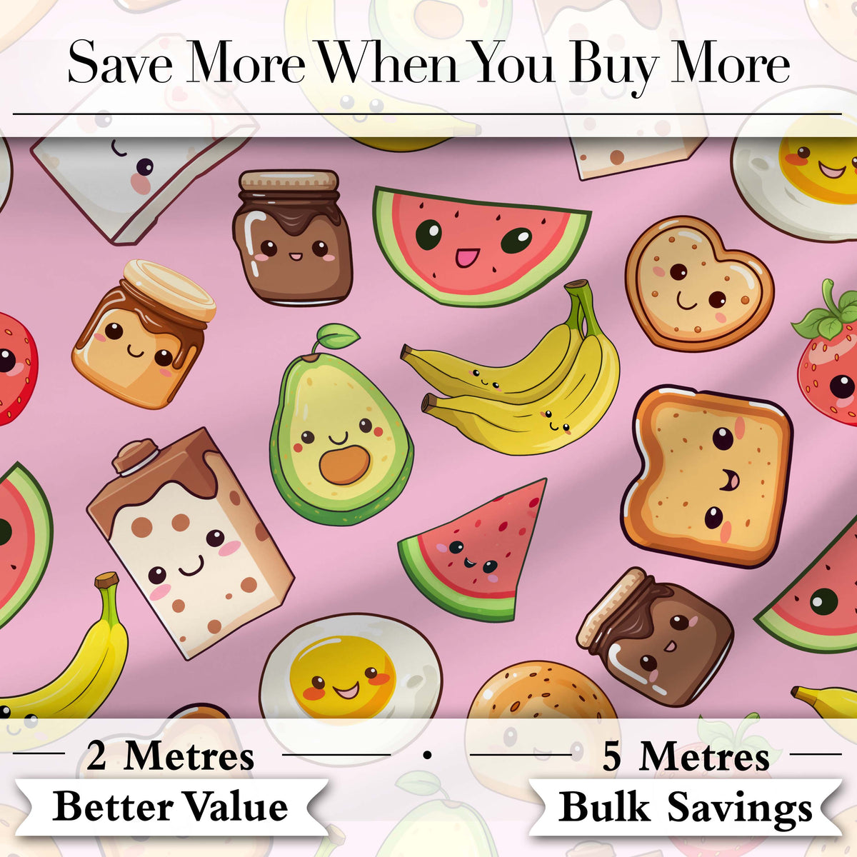 Cute Kawaii Breakfast Food Characters on Soft Pink Background Seamless Pattern Digital Print Fabric by the Metre UK Sewing Quilting Textile