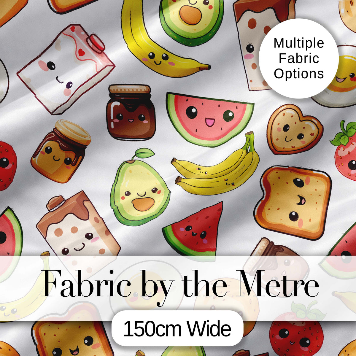 Cute Kawaii Breakfast Food Characters on White Background Seamless Pattern Digital Print Fabric by the Metre UK Sewing Quilting Textile