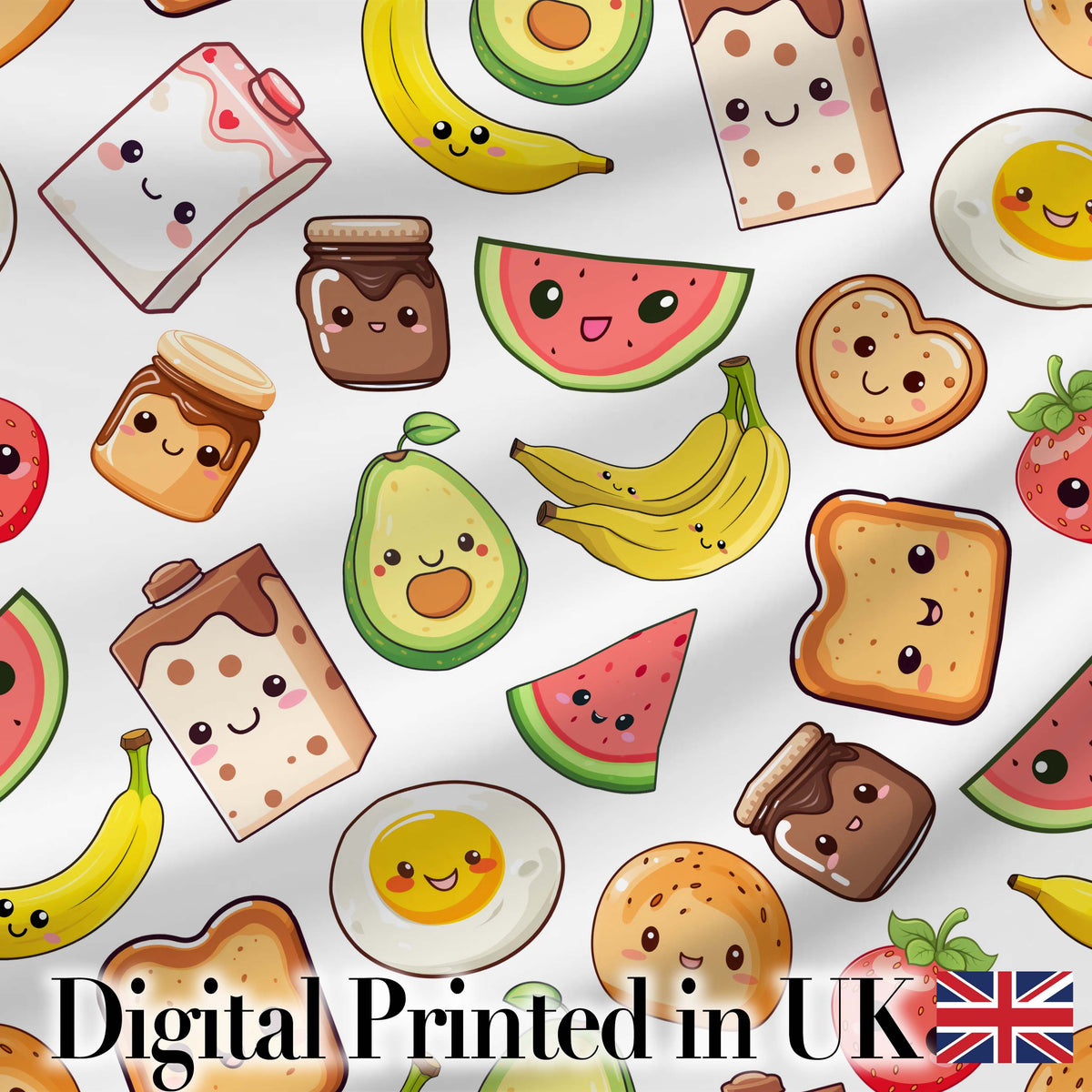 Cute Kawaii Breakfast Food Characters on White Background Seamless Pattern Digital Print Fabric by the Metre UK Sewing Quilting Textile