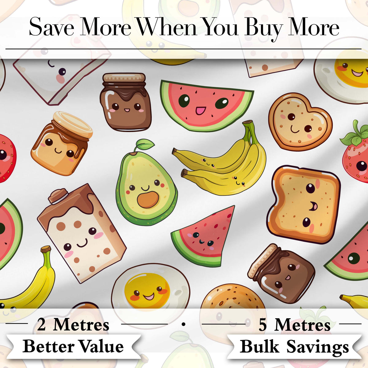 Cute Kawaii Breakfast Food Characters on White Background Seamless Pattern Digital Print Fabric by the Metre UK Sewing Quilting Textile