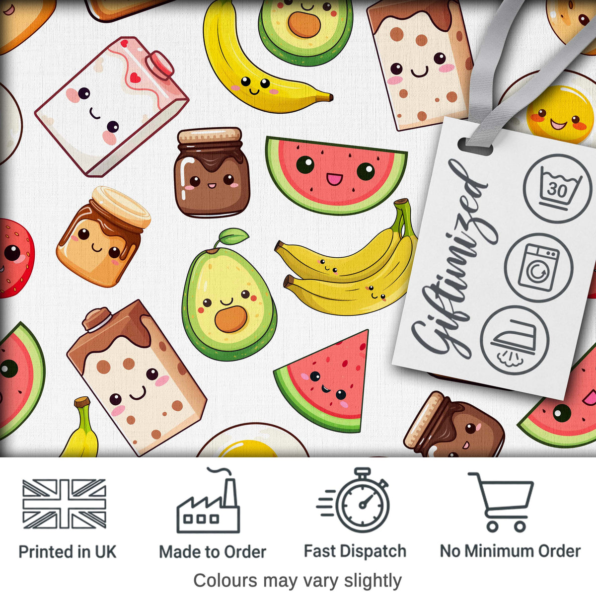 Cute Kawaii Breakfast Food Characters on White Background Seamless Pattern Digital Print Fabric by the Metre UK Sewing Quilting Textile
