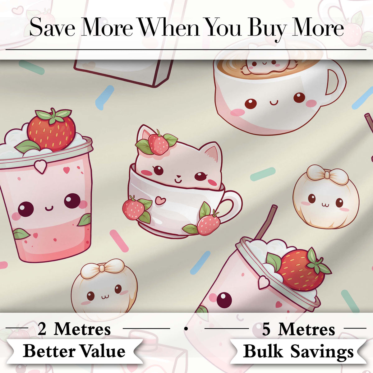 Cute Kawaii Strawberry Drinks and Cat Cups on Cream Background Seamless Pattern Digital Print Fabric by the Metre UK Sewing Quilting Textile