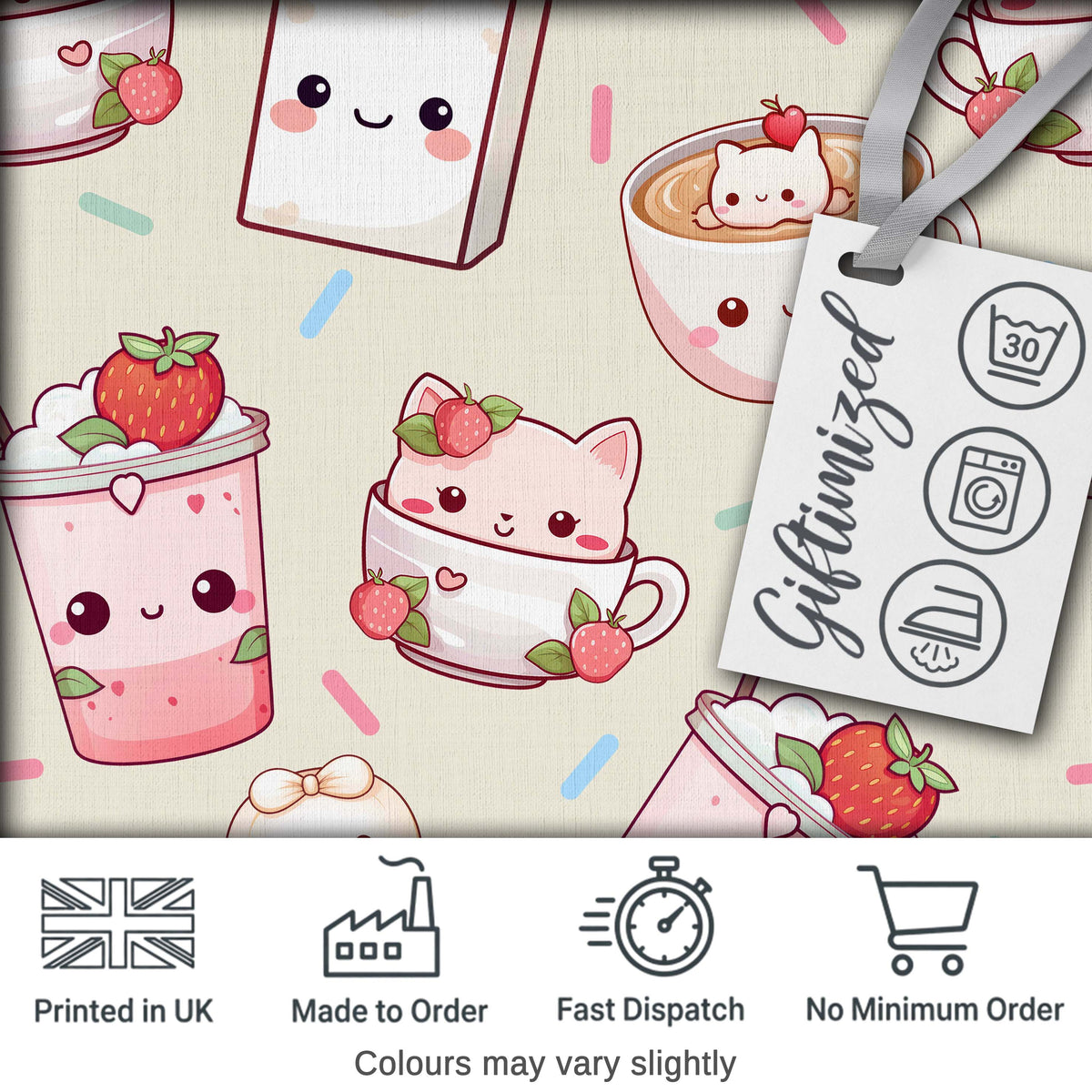 Cute Kawaii Strawberry Drinks and Cat Cups on Cream Background Seamless Pattern Digital Print Fabric by the Metre UK Sewing Quilting Textile