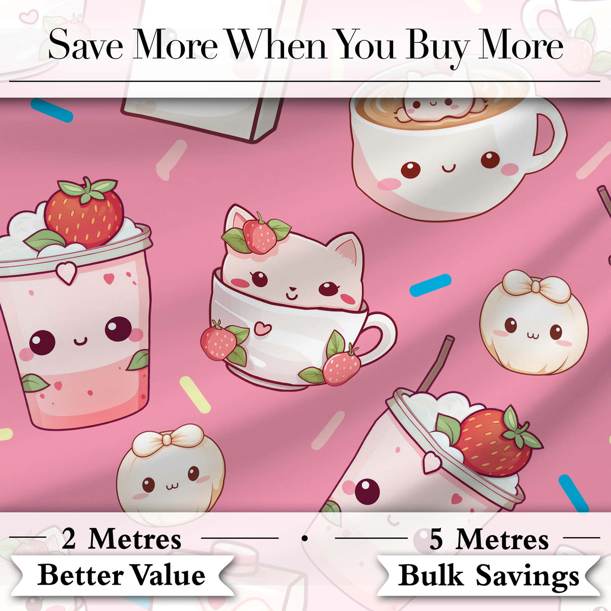 Cute Kawaii Strawberry Drinks and Cat Cups on Pink Background Seamless Pattern Digital Print Fabric by the Metre UK Sewing Quilting Textile