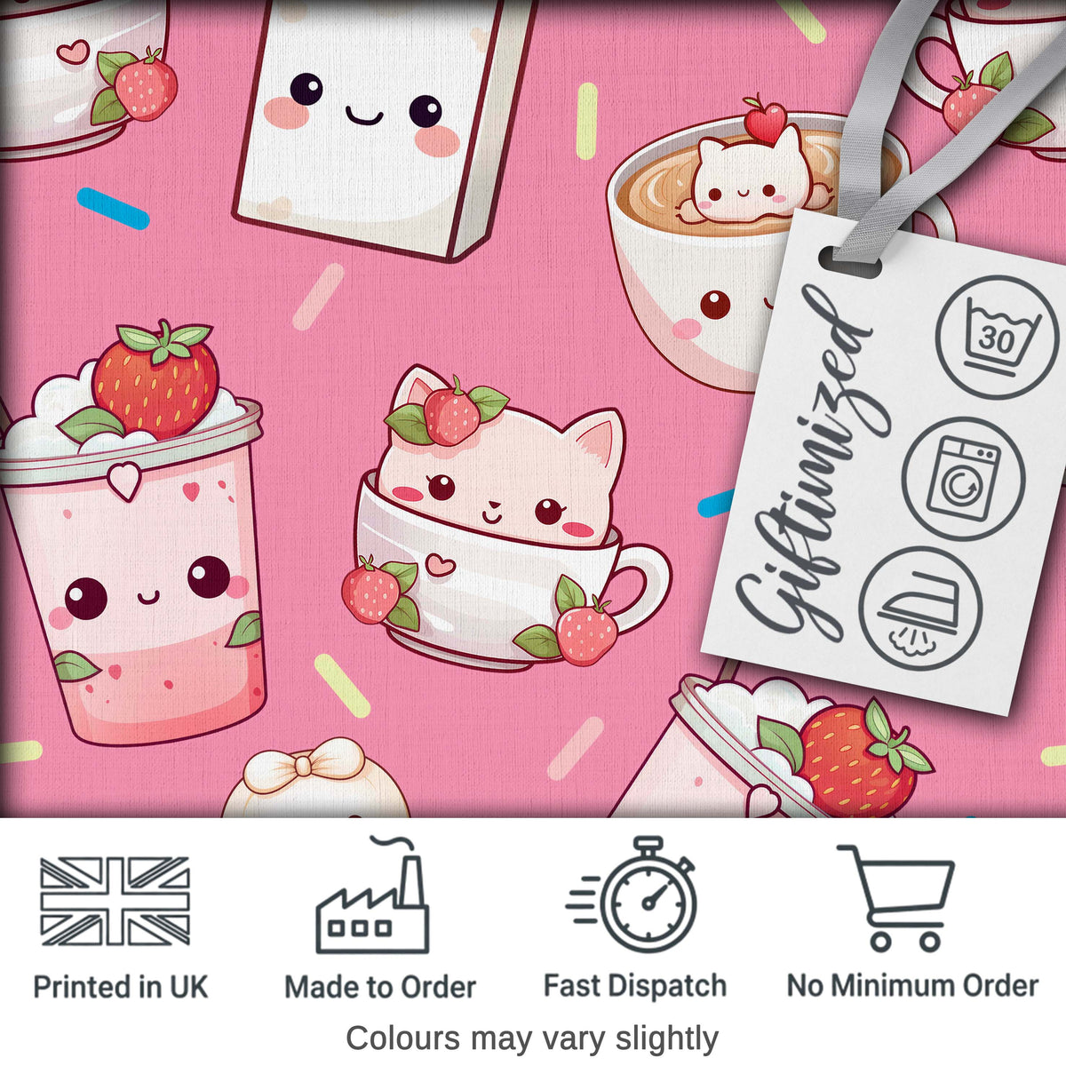 Cute Kawaii Strawberry Drinks and Cat Cups on Pink Background Seamless Pattern Digital Print Fabric by the Metre UK Sewing Quilting Textile
