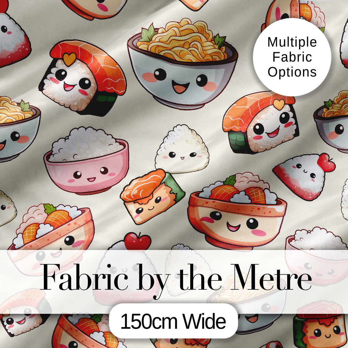 Cute Kawaii Sushi Rice Bowls and Noodles on Cream Background Seamless Pattern Digital Print Fabric by the Metre UK Sewing Quilting Textile