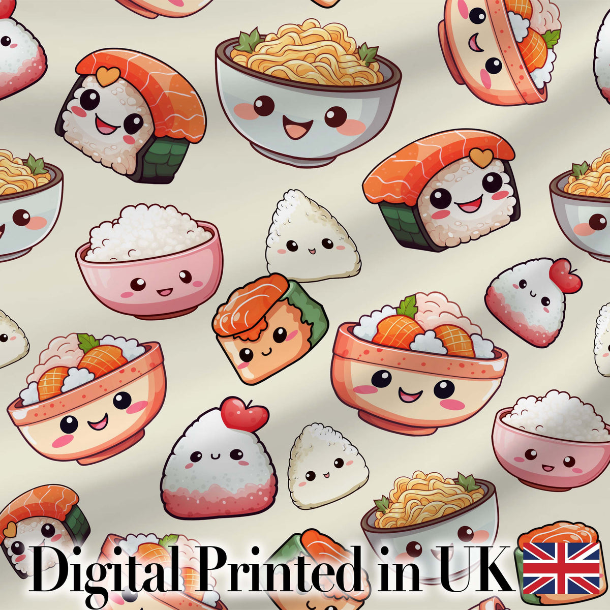 Cute Kawaii Sushi Rice Bowls and Noodles on Cream Background Seamless Pattern Digital Print Fabric by the Metre UK Sewing Quilting Textile