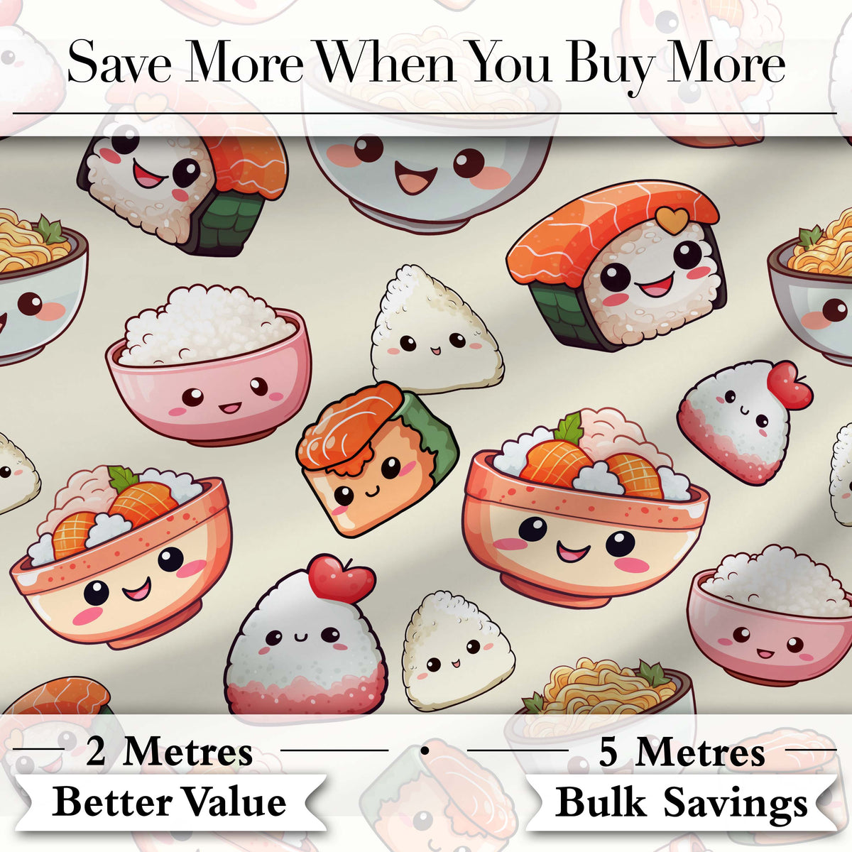 Cute Kawaii Sushi Rice Bowls and Noodles on Cream Background Seamless Pattern Digital Print Fabric by the Metre UK Sewing Quilting Textile