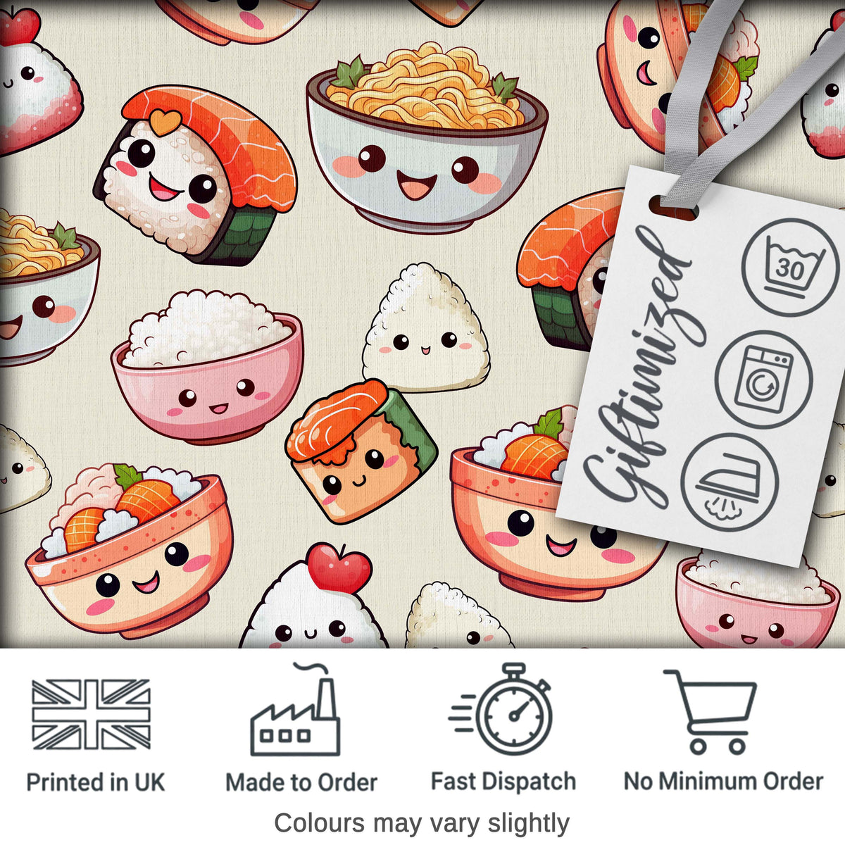 Cute Kawaii Sushi Rice Bowls and Noodles on Cream Background Seamless Pattern Digital Print Fabric by the Metre UK Sewing Quilting Textile